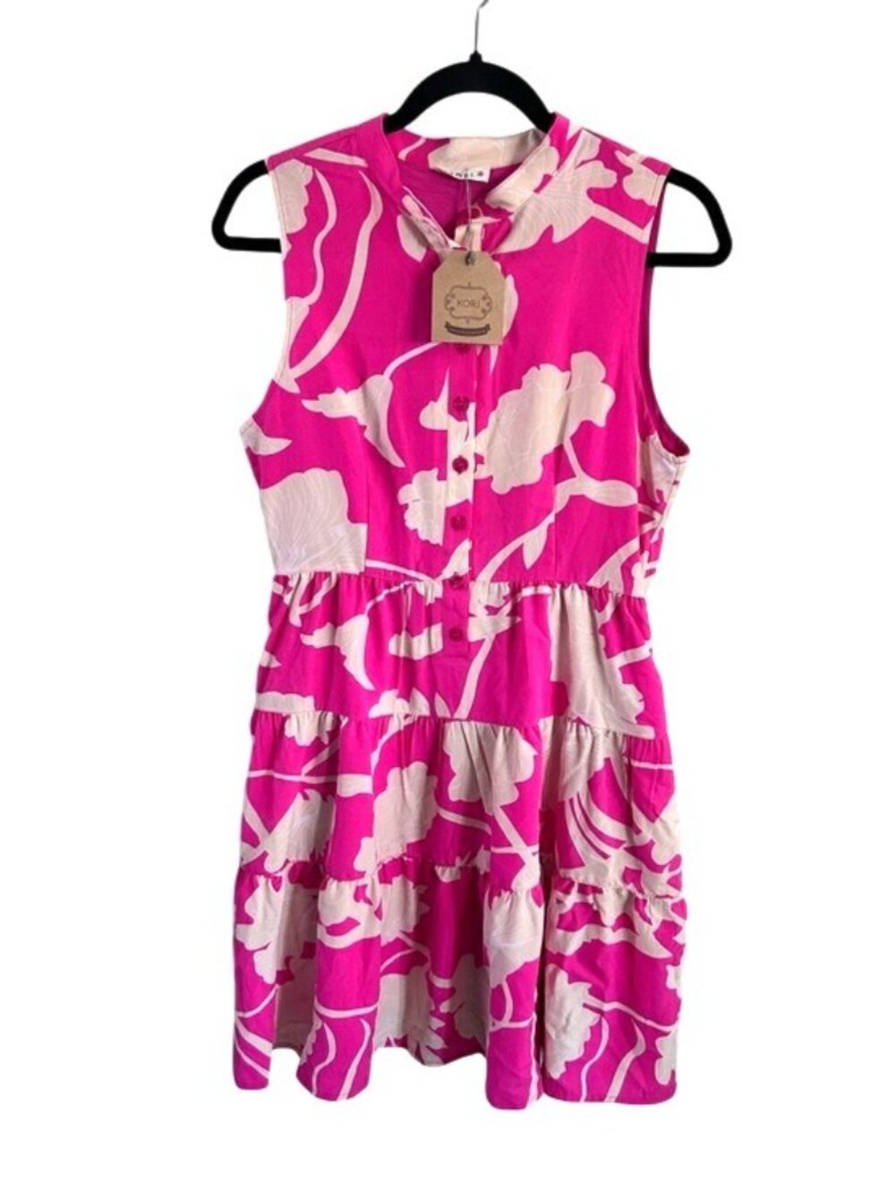 Kori Hot Pink Floral Tiered Sundress Sleeveless Colorful Summer Resortwear
